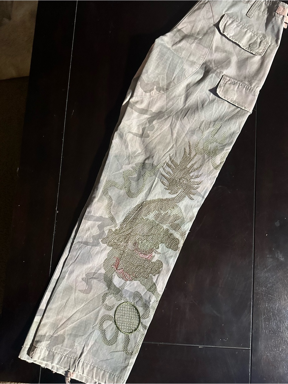 American Eagle Outfitters Camo Cargo Pants with Embroidered Graphic